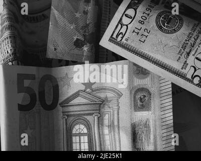 Billets en papier en coupures de 50 dollars et 50 euros, gros plan. Image en noir et blanc. Banque D'Images