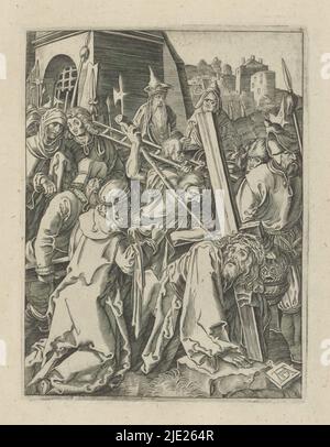 Porter la Croix, la petite passion (titre de la série), Passio Christi AB Alberto Durer Nurenburgensi Effigiata (titre de la série), Christ porte sa croix, suivi d'une foule de gens. Veronica se tient avec le tissu de sueur à côté de lui. L'imprimé fait partie d'un album., imprimeur: Anonyme, après impression par: Albrecht Dürer, (mentionné sur l'objet), éditeur: Broer Jansz. (Den Haag), la Haye, 1610 - 1620, papier, gravure, hauteur 130 mm × largeur 99 mm Banque D'Images