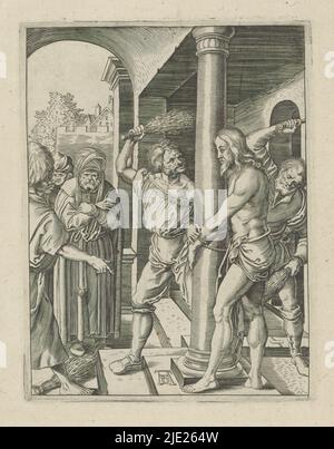 L'abattage du Christ, la petite passion (titre de la série), Passio Christi AB Alberto Durer Nurenburgensi Effigiata (titre de la série), Christ, lié à une colonne, est passionné par des hommes avec des faggots. L'imprimé fait partie d'un album., imprimeur: Anonyme, après impression par: Albrecht Dürer, (mentionné sur l'objet), éditeur: Broer Jansz. (Den Haag), la Haye, 1610 - 1620, papier, gravure, hauteur 130 mm × largeur 99 mm Banque D'Images