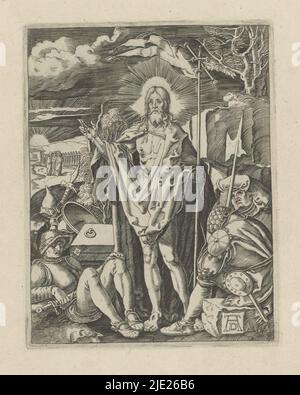 Résurrection du Christ, la petite passion (titre de la série), Passio Christi AB Alberto Durer Nurenburgensi Effigiata (titre de la série), Christ debout devant son tombeau, un personnel avec un pennant en main, entouré de soldats dormantes. L'imprimé fait partie d'un album., imprimeur: Anonyme, après impression par: Albrecht Dürer, (mentionné sur l'objet), éditeur: Broer Jansz. (Den Haag), la Haye, 1610 - 1620, papier, gravure, hauteur 130 mm × largeur 101 mm Banque D'Images