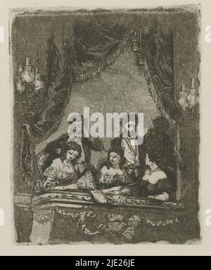 Theatre Lodge avec six personnages, Une compagnie dans un théâtre Lodge avec rideau et chandeliers. Trois femmes assises dont la gauche tient un ventilateur dans sa main. Derrière eux, trois hommes debout, le droit dans l'ombre., imprimerie: Henri François Schaefels, (attribué à), après dessin par: Henri François Schaefels, (attribué à), Anvers, c. 1837 - c. 1904, papier, gravure, hauteur 102 mm × largeur 82 mm Banque D'Images