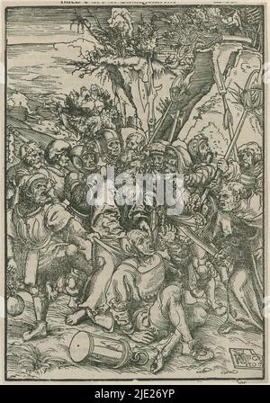 La capture du Christ, deuxième imprimé d'une série de quatorze représentant la passion, utilisée dans le Buch passional. Au premier plan au centre, le Christ se tient au milieu d'un groupe de soldats armés qui le capturent alors qu'il guérit l'oreille de Malchus. À leur droite se trouve Pierre avec une épée dans la main., imprimerie: Lucas Cranach (I), après dessin de: Lucas Cranach (I), éditeur: Georg Rhau, Wittenberg, c. 1540, papier, hauteur 253 mm × largeur 176 mm Banque D'Images