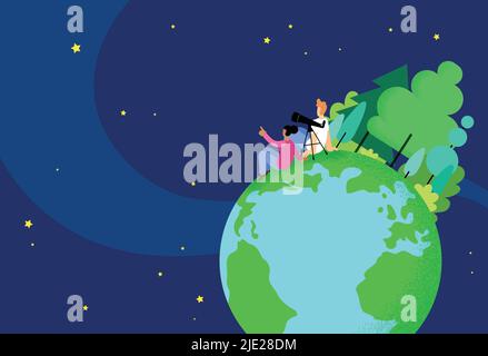 Concept d'écologie, protection de l'environnement et de la nature. Globe vu de l'espace. Deux personnages regardant le ciel étoilé. Vecteur jour de la terre. Illustration de Vecteur