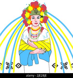 Guerrier ukrainien dans une couronne sur sa tête, symboles du drapeau de l'Ukraine, blason, trident. Jeune belle fille vêtue comme soldat de l'armée, dans Illustration de Vecteur