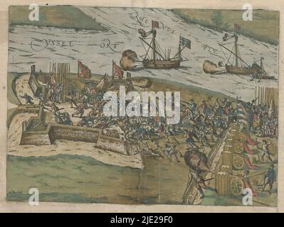 Capture de l'enchâssement d'IJsseloord près d'Arnhem, 1585, série 9: Événements hollandais et allemands, 1583-1587 (titre de la série), capture de l'enchâssement d'IJsseloord près d'Arnhem, 10 novembre 1585, par des soldats anglais et allemands de l'armée d'État. En arrière-plan, la jonction du Rhin et de l'IJssel. Imprimé avec un cache sur la légende., imprimerie: Frans Hogenberg, Cologne, 1588, papier, gravure, hauteur 266 mm × largeur 371 mm Banque D'Images