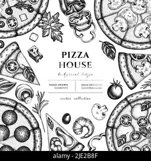 Illustration représentant une pizza dessinée à la main. Arrière-plan avec esquisse grecque, margherita, pepperoni, veggie, jambon et champignons et pizzas de fruits de mer. Illustration de Vecteur