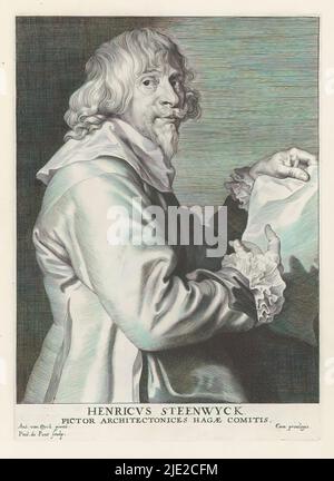 Portrait du peintre Hendrik van Steenwijck, Icones Principum Vivorum Doctorum Pictorum Chalcographorum Statuariorum nec non Amatorum Pictoriae Artis ero Numerum ab Antonio van Dyck Pictore ad vivum Eeusq: Sumptibus aeri incisiae (titre de la série), Iconographiste, cette série est imprimée. Paulus Pontius, (mentionné sur l'objet), après peinture par: Anthony van Dyck, (mentionné sur l'objet), éditeur: Gilles Hendricx, Anvers, 1630 - 1641 et/ou 1645 - 1646, papier, gravure, hauteur 250 mm × largeur 180 mm Banque D'Images