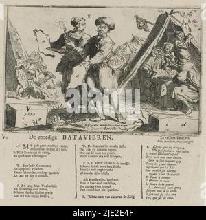 Les braves Batavians (titre sur objet), satire sur le Hollandais qui préfèrent boire et fumer plutôt que de faire la guerre. Les soldats dans un camp de l'armée se divertissent en buvant et en fumant au lieu de se battre. Au premier plan un couple hollandais, l'homme tenant un baril de brandy et un tuyau. Au-dessous de la scène 6 versets de 4 lignes en néerlandais. Sur la droite 16 lignes en français., imprimeur: Anonyme, pays-Bas du Nord, 1673, papier, gravure, impression typographique, hauteur 106 mm × largeur 164 mm Banque D'Images