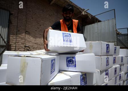 Peshawar, Pakistan. 23rd juin 2022. Les travailleurs de la Fondation Alkhidmat chargent des secours dans des camions de livraison pour les victimes du tremblement de terre afghan à Chamkani. Plus de 1 000 personnes ont été tuées et plus de 1 500 autres blessées après un séisme de magnitude 5,9 qui a frappé l'est de l'Afghanistan avant l'aube le 22 juin, a rapporté l'agence de presse nationale de Bakhtar. Selon les autorités, le nombre de morts devrait augmenter. (Photo de Hussain Ali/Pacific Press/Sipa USA) crédit: SIPA USA/Alay Live News Banque D'Images