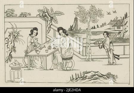 Paysage avec deux femmes chinoises jouant un jeu de cartes, Nouveau Sineesen inventé, met groote moeyte gegeeekent en 't Ligt gegeven, porte P: Schenk Jun (...), première partie (titre de la série), Paysage avec deux femmes chinoises jouant un jeu de cartes. À droite une femme avec un plateau chargé sur la gauche une table avec un animal. L'imprimé fait partie d'un album., imprimerie: Pieter Schenk (II), après la conception par: Pieter Schenk (II), éditeur: Pieter Schenk (II), Amsterdam, 1727 - 1775, papier, gravure, hauteur 165 mm × largeur 262 mm Banque D'Images