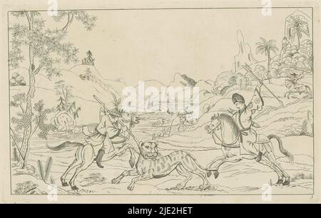 Paysage avec la chasse pour un tigre, des scènes de chasse chinoises (titre de la série), Nieuwe geinventeerde Sineesen, met groote moeyte gegeeekent en 't Ligt geghen, porte P: Schenk Jun (...), troisième partie (titre de la série), deux hommes chinois à cheval chassent un tigre ou une panthère. L'imprimé fait partie d'un album., imprimerie: Pieter Schenk (II), après la conception par: Pieter Schenk (II), éditeur: Pieter Schenk (II), Amsterdam, 1727 - 1775, papier, gravure, hauteur 161 mm × largeur 255 mm Banque D'Images