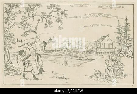 Paysage chinois avec chasse à l'écureuil, scènes de chasse chinoises (titre de la série), Nieuwe geinventeerde Sineesen, rencontré groote moeyte gegeeekent en 't Ligt geégeven, porte P: Schenk Jun (...), troisième partie (titre de la série), paysage chinois avec des hommes chassant des écureuils. L'imprimé fait partie d'un album., imprimerie: Pieter Schenk (II), après la conception par: Pieter Schenk (II), éditeur: Pieter Schenk (II), Amsterdam, 1727 - 1775, papier, gravure, hauteur 162 mm × largeur 255 mm Banque D'Images