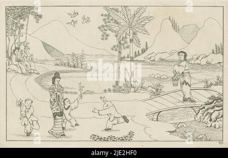 Paysage chinois avec les enfants en jeu, Nieuwe geinventeerde Sineesen met groote moeyte geeekent en 't Ligt geégen, porte P. Schenk Jun (...), deuxième partie (titre de la série), paysage chinois avec une femme et trois enfants en jeu. Sur la droite une femme sur un pont. L'imprimé fait partie d'un album., imprimerie: Pieter Schenk (II), après la conception par: Pieter Schenk (II), éditeur: Pieter Schenk (II), Amsterdam, 1727 - 1775, papier, gravure, hauteur 168 mm × largeur 265 mm Banque D'Images