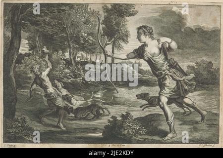 Diana et Actaeon, le prince Actaeon attrape Diana et ses nymphes pendant qu'ils se baignaient. En guise de punition, Diana l'a transformé en cerf, après quoi il a été déchiré par ses propres chiens de chasse. Cet imprimé fait partie d'un album., imprimeur: Peter van Liesebetten, (mentionné sur l'objet), après peinture par: Titiaan, (mentionné sur l'objet), éditeur: David Teniers (II), imprimeur: Anvers, après peinture par: Italie, éditeur: Bruxelles, 1660, papier, gravure, gravure, hauteur 210 mm × largeur 314 mm Banque D'Images