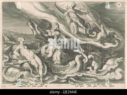 Juno se plaint à Thetis et à Oceanus, Metamorphoses par Ovid (titre de la série), Juno arrive sur son char paon aux dieux de la mer Thetis et Oceanus pour se plaindre du traitement honorable donné à Callisto et à son fils Arcas par son mari Jupiter. Dans la marge inférieure, un commentaire à quatre lignes, en deux colonnes, en latin., imprimerie: Hendrick Goltzius, (atelier de), après conception par: Hendrick Goltzius, Franco Estius, Haarlem, 1590, papier, gravure, hauteur 178 mm × largeur 255 mm Banque D'Images