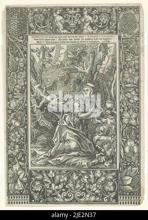 La pénitence de Sainte Mary Magdalene, Mary Magdalene s'agenouille d'un arbre. Elle tient un livre ouvert. Devant elle se trouve un pot de pommade et un crucifix. Au genou se trouve un crâne. Dans la distance son ascension est représentée. Avec cadre en quatre parties composé de motifs floraux. Au-dessus de l'image trois lignes de texte: Magdalena seer vuyrigh ... L'imprimé fait partie d'un album., imprimerie: Christoffel van Sichem (II), après impression par: Willem Isaacsz. Van Swanenburg, après conception par: Abraham Bloemaert, Amsterdam, 1589 - 1659, papier, impression typographique, hauteur 167 mm × largeur 114 mm Banque D'Images