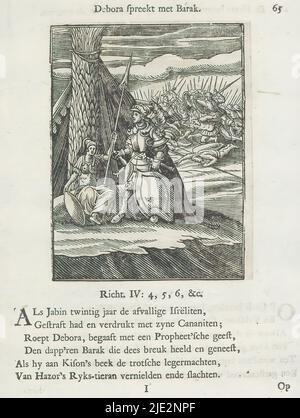 Deborah et Barak, Deborah parle à Barak (titre sur objet), la prophétesse Deborah, l'une des aitrices d'Israël, est assise sous un palmier et dit à Barak de prendre son armée au Tabor pour vaincre le commandant de l'armée de Jabin, Sisera. En arrière-plan à droite, la bataille entre les armées de Barak et de Sisera. Au-dessus de la scène un titre. En dessous, il y a six versets et une référence aux juges 4: 4-6. L'imprimé fait partie d'un album., imprimeur: Christoffel van Sichem (II), (mentionné sur l'objet), imprimeur: Christoffel van Sichem (III), (mentionné sur l'objet), éditeur: Jan Klooster, Amsterdam, 1645 - 1646 et Banque D'Images