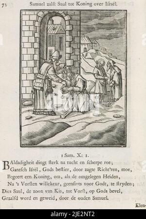 Saül oint roi par Samuel, Samuel oint Saül roi sur Israël (titre sur objet), Saül est oint roi par Samuel. Samuel vide un pot d'huile sur la tête du Saül qui s'agenouille. À droite, deux personnes regardent. Au-dessus de la scène se trouve un titre. Ci-dessous, six versets et une référence à 1. Samuel 10 : 1. L'imprimé fait partie d'un album., imprimeur: Christoffel van Sichem (II), (mentionné sur l'objet), imprimeur: Christoffel van Sichem (III), (mentionné sur l'objet), éditeur: Jan Klooster, Amsterdam, 1645 - 1646 et/ou 1740, papier, impression typographique, hauteur 109 mm × largeur 85 mm, hauteur 170 mm × Banque D'Images