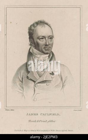 Portrait de James Caulfield, vendeur de livres et d'imprimés à Londres, James Caulfield, vendeur de livres et d'imprimés (titre sur objet), imprimeur: Robert Cooper, (mentionné sur objet), après dessin de: Henry Walton, (mentionné sur objet), éditeur: W.G. Caulfield, (mentionné sur l'objet), Londres, mai-1814, papier, gravure, hauteur 171 mm × largeur 112 mm Banque D'Images