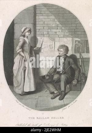Une jeune femme et un vendeur de chansons, le vendeur de ballade (titre sur objet), dans la rue est assis un vendeur de chansons avec son chapeau dans les mains et un bâton de marche appuyé contre sa jambe. Derrière lui, son stock de chansons est suspendu au mur. Une jeune femme regarde une des chansons. À côté du vendeur de chansons, un balai s'appuie contre une impression avec un portrait., imprimeur: Antonio Zecchin, (mentionné sur l'objet), après peinture par: Thomas Stothard, (mentionné sur l'objet), après peinture par: Henry Walton, (éventuellement), Venise, 10-Oct-1795, papier, gravure, hauteur 367 mm × largeur 265 mm Banque D'Images