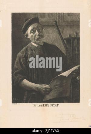 Le graveur examine une preuve, la dernière preuve (titre sur objet), dans son atelier se dresse un graveur, un homme avec une moustache un béret. Dans ses mains, il tient un imprimé. En arrière-plan est une imprimerie., imprimerie: Frans Proost, (signé par artiste), Belgique, 1891, papier, gravure, hauteur 320 mm × largeur 240 mm Banque D'Images