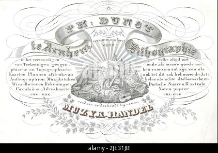 Carte de visite de l'imprimante et de la boutique de musique pH. Dunst à Arnhem, Un puto entouré de divers instruments de musique dont une harpe, une guitare, un violon, un violoncelle, une corne et un piano de table., imprimerie: Philippus Dunst, (éventuellement), imprimeur: Philippus Dunst, (éventuellement), Arnhem, 1833 - 1872, matériau, hauteur 93 mm × largeur 143 mm Banque D'Images