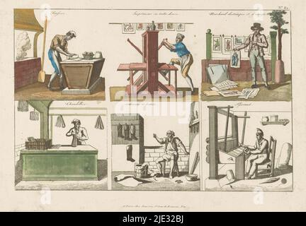 Six professions, Un chef pâtissier, un imprimeur, un imprimeur, un fabricant de bougies, un cordonnier et un tisserand., imprimeur: Anonyme, éditeur: Jean-Baptiste Jean, (mentionné sur objet), éditeur: Auguste Jean (uitgever), (mentionné sur objet), Paris, c. 1800, papier, gravure, hauteur 224 mm × largeur 313 mm Banque D'Images