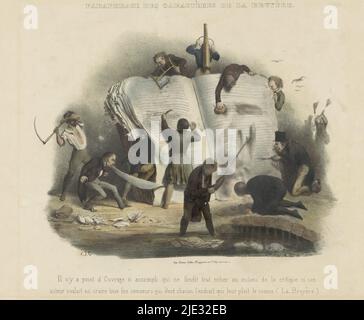 Persiflage sur la censure, paraphraser des caractières de la Bruyère (titre sur objet), les censeurs essaient de bien des façons de débarrasser un livre grandeur nature de passages indésirables. Ci-dessous l'impression d'une citation de Jean de la Bruyère., imprimeur: Charles-Joseph Traviès, (mentionné sur l'objet), imprimeur: Kaeppelin & Cie., (mentionné sur l'objet), Paris, 1814 - 1859, papier, hauteur 220 mm × largeur 285 mm Banque D'Images