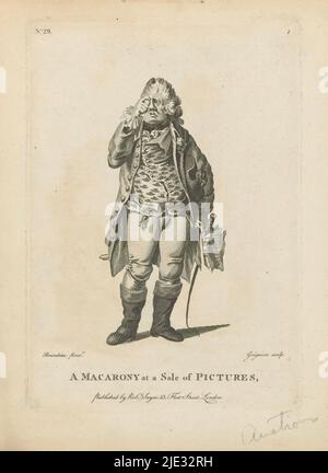 Macaroni à une enchère de peinture, Macarony à une vente de photos (titre sur objet), Un homme portant un long manteau, dans sa main droite un fouet et quelques papiers, avec sa main gauche il tient un monocle ou une loupe devant son oeil., imprimeur: Charles Grignion (I), (mentionné sur l'objet), après la conception de: Michel Vincent Brandoin, (mentionné sur l'objet), éditeur: Robert Sayer, (mentionné sur l'objet), Londres, c. 1771, papier, gravure, hauteur 200 mm × largeur 141 mm Banque D'Images