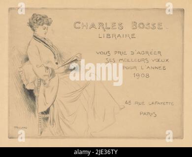 Salutation du nouvel an par le libraire Charles Bosse à Paris, Une femme lisant sur une chaise., Imprimeur: Gaston Trilleau, (mentionné sur l'objet), 1908, papier, point sec, hauteur 178 mm × largeur 239 mm Banque D'Images