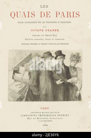 Homme et femme en conversation avec un libraire, page de titre pour : octave Uzanne, les quais de Paris, 1896, en arrière-plan une cabine de livre sur un quai., imprimeur: Oswald Heidbrinck, (mentionné sur objet), éditeur: Libraries-Imprimères Rénies (ancienne Maison Quantin), (mentionné sur papier, Paris, 1896, Paris, gravure, point sec, hauteur 75 mm × largeur 110 mm Banque D'Images