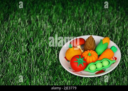 Modèle miniature d'arrangement de légumes colorés sur une assiette blanche Banque D'Images