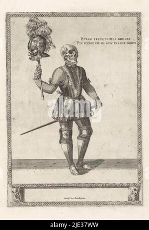 Squelette armé, allégorie de la mort, squelette avec armure, allégorie de la mort, allégorie de la transience. Squelette avec armure, dans le casque droit avec des panaches sur un bâton. En haut à droite une inscription en latin et Italians: Même les hommes les plus violents sont tamés par la mort, qui est encore plus violent., imprimerie: Luca Bertelli, après la conception par: Titiaan, (attribué à), éditeur: Luca Bertelli, (mentionné sur l'objet), imprimerie: Italie, Après conception par: Italie, éditeur: Venise, c. 1565, papier, gravure, hauteur 373 mm × largeur 261 mm, hauteur 498 mm × largeur 345 mm Banque D'Images