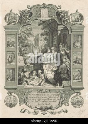 Cartouche avec division de Canaan parmi les douze tribus d'Israël, page de titre pour: Kornelis Westerbaen, Algemeene histoi, 1738, Josué et le prêtre Eleazar se trouvent près d'une carte de Canaan dans laquelle se trouvent également deux jeunes hommes. Ils divisent la région entre les douze tribus d'Israël (descendants des fils du patriarche Jacob). Derrière eux se trouve un roi sous un portique. À gauche se trouvent des putti avec des dessins, entre autres, d'un autel et d'un candélabre à sept armes. En arrière-plan, des bâtiments sont érigés. Dans le cadre de la cartouche scènes bibliques., imprimeur: Jan Caspar Phil Banque D'Images