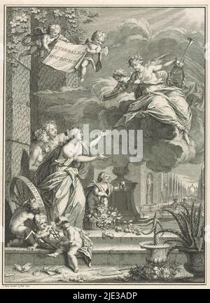 Poésie en conversation avec des figures allégoriques, page de titre pour: Arnold Hoogvliet, Zydebalen, poème de cour, 1740, poésie descendant d'un nuage dans un jardin, en conversation avec les figures féminines allégoriques hospitalité, amitié, et courtoisie. Au premier plan, trois putti symbolisant Merchantry (avec caduceus), Mechanics (avec crochet de magasin) et Country Virtue (avec roue). Dans le ciel, deux putti volent avec un tissu portant le titre en néerlandais., imprimeur: Jan Punt, (mentionné sur l'objet), après conception propre par: Jan Punt, (mentionné sur l'objet), éditeur: Pieter van der Kloot, Delft, 1740, papier Banque D'Images