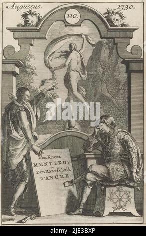 Conversation entre Alexandre Menshikov et Concino Concini, Den Gnee Menzikof, et Den Maarschalk d'Ancre (titre sur objet), Concino Concini, Marquis d'Ancre, se trouve à côté d'Alexander Menshikov et lui rappelle l'homme et la femme tombant sur un globe en arrière-plan. En haut a déclaré: Août / 1730., imprimeur: Anonyme, éditeur: Weduwe Johannes Ratelband (I), Amsterdam, août-1730, papier, gravure, hauteur 131 mm × largeur 87 mm Banque D'Images