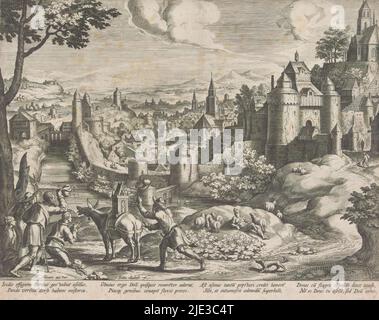 Paysage avec l'emblème sur le culte de l'idole d'Isis, les emblèmes dans un paysage (titre de série), paysage vallonné avec une ville et les murs de la ville. Au premier plan à gauche, certains paysans adorent une image de la déesse femelle Isis transportée sur un âne. À côté de l'âne se trouve un homme qui punit l'animal avec un fouet. C'est parce que l'âne pense que les gens l'adorent, au lieu d'Isis. C'est la représentation d'un emblème où la morale de l'histoire met en garde contre l'arrogance et l'honneur inmérité. L'imprimé a une légende latine avec la légende de l'emblème non tib Banque D'Images