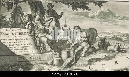 Représentation allégorique avec Maiden de la ville et Justice, Pars II. Et III Frise liberae à Flevo dans Lavicam (...) (Titre sur objet), Une femme avec corne d'abondance et une couronne murale (éventuellement une jeune fille de la ville) est assise à côté d'une pierre avec titre. Derrière elle se tient la justice avec l'épée et la balance. Sur la droite se trouve un homme à genoux entouré de bétail. Détail d'une carte des régions frisonnes du nord de la Hollande à l'époque romaine., imprimeur: Joseph Mulder, (mentionné sur l'objet), après conception propre par: Joseph Mulder, (mentionné sur l'objet), éditeur: Henricus Wetstein, Amsterdam, 1697 - 1700 et/ou 1725, papier, etc Banque D'Images