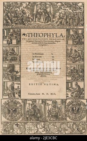 Throning God and Emperors Charles V and Ferdinand I, page de titre pour: Theophylactus d'Ohrid, Theophylacti archiepiscopi bulgariae, 1542, huit scènes avec les quatre évangélistes et les quatre pères de l'église bordent le titre. Au sommet se trouve Dieu enthroné flanqué d'un Christ pétrir et de Marie et de saints. Au fond se trouvent les empereurs Charles V et Ferdinand I avec les armes associées. En dessous de cette frontière avec sept armoiries., imprimeuse: Anton von Woensam, éditeur: Anonyme, (mentionné sur objet), Cologne, 1538, papier, impression typographique, hauteur 291 mm × largeur 190 mm Banque D'Images