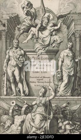 Représentation allégorique avec Hercules, Germania et Minerva, page de titre pour : Johann Peter Lotichius, Rerum Germanucarum, Pars Secunda, Libri LXII, 1650, À gauche d'un piédestal se trouve Hercules avec peau de lion, club, trois pommes dorées dans sa main et un oiseau (grue). De l'autre côté se trouve une figure féminine allégorique, probablement Germania, tenant un lion et dans sa main un anneau et une chaîne. Au-dessus du piédestal vole un vieil homme avec une jeune femme dans ses bras. Au premier plan, Minerva avec casque, bâton et couronne de Laurier se trouve sur un tambour devant des canons et des armes., imprimeur: Anonyme, publ Banque D'Images