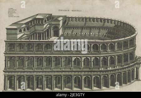 Théâtre de Marcellus à Rome, Theatrum Marcelli (titre sur objet), liste explicative numérotée en haut à gauche. L'imprimé fait partie d'un album., imprimeur: Ambrogio Brambilla, (attribué à), éditeur: Antonio Ladreri, (mentionné sur l'objet), imprimeur: Italie, Editeur: Rome, 1550, papier, gravure, hauteur 355 mm × largeur 536 mm Banque D'Images