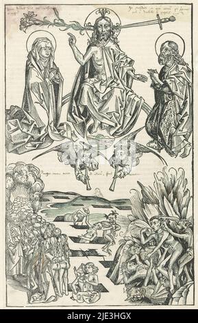 Jugement dernier, Liber Chronicarum (titre de la série), Christ est juge sur un arc-en-ciel, ses pieds reposant sur un globe. Il fait un geste de parole. À ses oreilles un nénuphar et une épée. À côté de lui s'agenouillent Marie et Jean-Baptiste. En dessous d'eux deux anges. Sur terre le royaume des morts avec les morts se levant de leurs tombes. Sur la gauche la porte au ciel avec Pierre. Sur la droite, enfer avec les démons. L'imprimé fait partie d'un album., imprimerie: Michel Wolgemut, (atelier de), imprimerie: Wilhelm Pleydenwurff, (atelier de), Neurenberg, 1493, papier, impression typographique, hauteur 363 mm × largeur 227 mm Banque D'Images