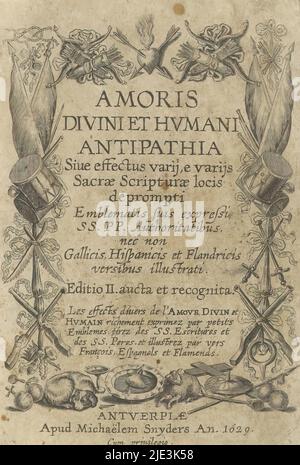 Arms trophées, page de titre pour: Ludovicus van Leuven, Amoris divini et humani antipathia, 1629, Framing ARM trophées et en bas un chien, un agneau et un bol avec un coeur avec une flèche., imprimeuse: Anonyme, éditeur: Michael Snijders, (mentionné sur l'objet), anonyme, (Mentionné sur l'objet), Anvers, 1629, papier, gravure, hauteur 101 mm × largeur 69 mm Banque D'Images