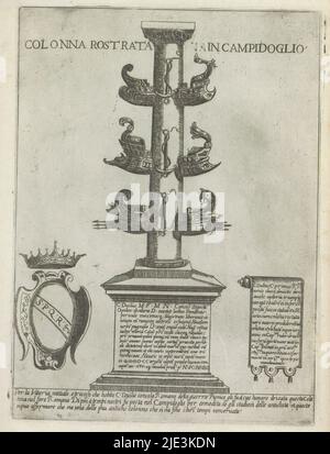 Colonna rostrata, Colonna rostrata à Campidoglio (titre sur objet), monuments et structures modernes et anciens à Rome (titre de série), Ornamenti di fabriche antichi et moderni dell' alma citta di Roma (titre de série), Une colonna rostrata (colonne de victoire) commémorant une bataille navale gagnée. Texte en italien sous l'image. L'imprimé fait partie d'un album., imprimeur: Giovanni Maggi, après dessin par: Giovanni Maggi, éditeur: Andrea Vaccari, imprimeur: Rome, après dessin par: Rome, éditeur: Italie, Vaticaanstad, Italie, Rome, 1576 - 1618 et/ou 1600, papier, gravure, hauteur 218 mm × largeur 148 Banque D'Images