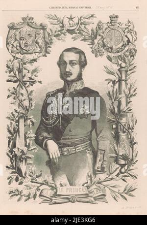 Portrait d'Albert, prince de Saxe-Coburg et Gotha, en haut à gauche de son blason. En haut à droite les armoiries de Victoria, Reine de Grande-Bretagne et d'Irlande., Imprimeur: Jean Auguste Marc, (mentionné sur l'objet), France, 25-août-1855, papier, impression typographique, hauteur 362 mm × largeur 253 mm Banque D'Images