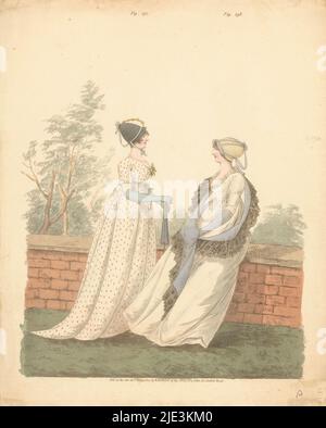 Galerie de mode, deux dames par un mur., imprimeur: Anonyme, éditeur: Nicolaus Heideloff, (mentionné sur l'objet), Londres, 1-mai-1801, papier, gravure, hauteur 298 mm × largeur 237 mm Banque D'Images