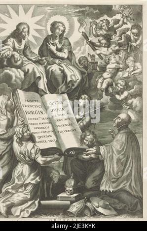 L'auteur offre livre à Christ et Marie, page titre pour: Francis Borgia, Opera Omnia, 1675, Francis Borgia s'agenouille et offre son livre à Christ et Marie. Le livre est porté par les personnifications des vertus monastiques (théologie mystique, bon caractère, humilité et flagellation modérée). En haut à droite un groupe d'anges avec des attributs liés au contenu du livre., imprimeur: Anonyme, après impression par: Cornelis Galle (I), (copie après), éditeur: Franciscus Foppens, (mentionné sur l'objet), Bruxelles, 1675, papier, gravure, hauteur 309 mm × largeur 212 mm Banque D'Images