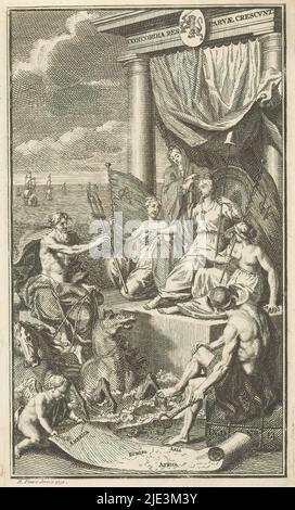 Allégorie du pouvoir de la République des sept provinces unies en tant que puissance maritime, Neptune accorde son trident, qui symbolise la domination des mers du monde, sur la personnification de la République des sept provinces unies. Elle tient dans sa main une lance avec chapeau de liberté et est entourée par les personnifications de l'East India Company (VOC) et de la West India Company (WIC). À droite, Mercury montre avec son caduque la carte du monde qui est mise en place par un puto. Dans la marge inférieure un texte français de quatre lignes., imprimeur: Bernard Picart, (atelier de), Bernard Picart, (mentionné Banque D'Images