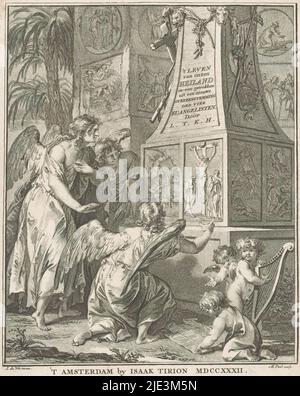 Trois anges admirent un obélisque avec des scènes du Nouveau Testament, 'la vie de notre sauveur-en-un tiré d'un nouvel accord des quatre évangélistes (titre sur objet), page de titre pour: Lambert dix Kate Hermansz, la vie de notre Sauveur Jésus-Christ; In-een-getrokken uit eene nieuwlykse onderzochte regeling van overeensoring der vier évangélisten, 1732, Paysage avec trois anges près d'un obélisque. Sur le monument le titre en néerlandais, au milieu des outils de la passion et d'autres attributs se référant à la vie du Christ. Sur les scènes de base du Nouveau Testament, respectivement la naissance du Christ, la crucifixion Banque D'Images