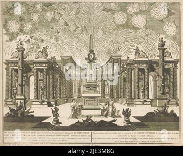 Feux d'artifice à Moscou à la célébration de la fin de la guerre russo-turque, 1775 (acte III), représentation du feu d'Artifice, tirée en présence de sa majesté Imperiale à l'ocation des fêtes de la paix conclue entre la Russie et la porte ottomane (titre de la série sur objet), Feux d'artifice à Moscou lors de la célébration du 23 juillet 1775 de la fin de la guerre russo-turque avec la conclusion du Traité de Küçük Kaynarca. Feux d'artifice en présence de la Czarina Catherine la Grande. Partie d'une série de trois plaques avec légendes en russe et en français., l'imprimeur: Emell'ian Alekseevič Fedoseev, ( Banque D'Images